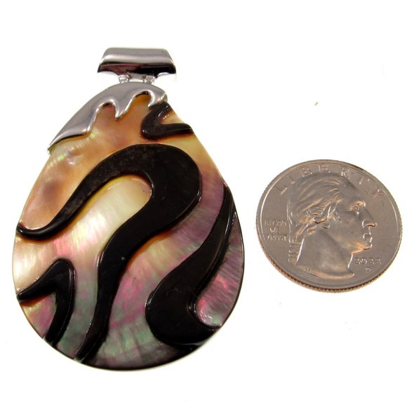 Large Solid 925 Sterling Silver Pear-Shaped Rainbow Paua Abalone Shell Pendant - Picture 2 of 5